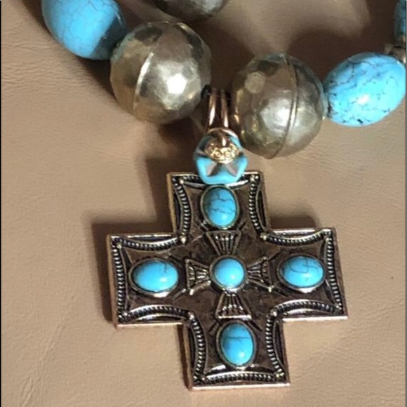 BRASS & TURQUOISE MAGNESITE Cross Necklace - Picture 2 of 2